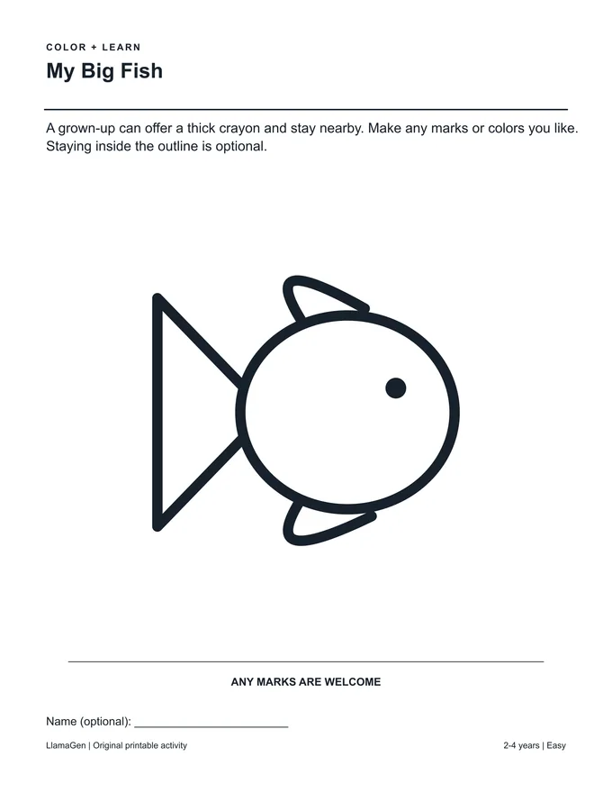 Aking Malaking Isda — itim-at-puting pahina ng pangkulay na puwedeng i-print