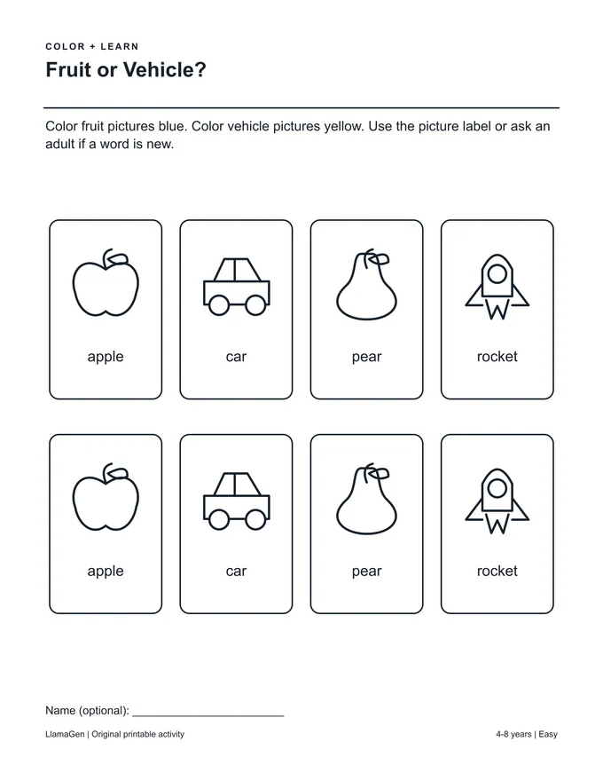 Fruit ou véhicule ? — page à colorier imprimable en noir et blanc
