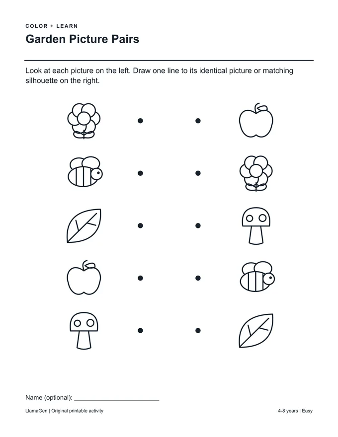 Paires d’images du jardin — page à colorier imprimable en noir et blanc