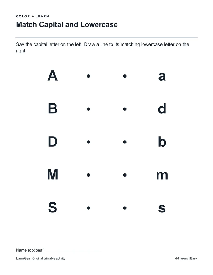 Associe majuscules et minuscules — page à colorier imprimable en noir et blanc