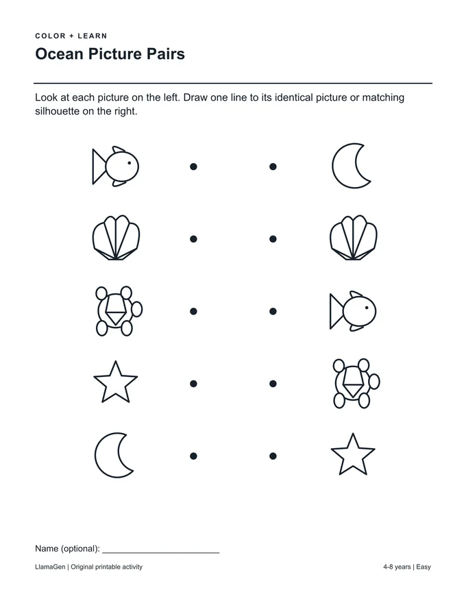 Paires d’images Océan — page à colorier imprimable en noir et blanc