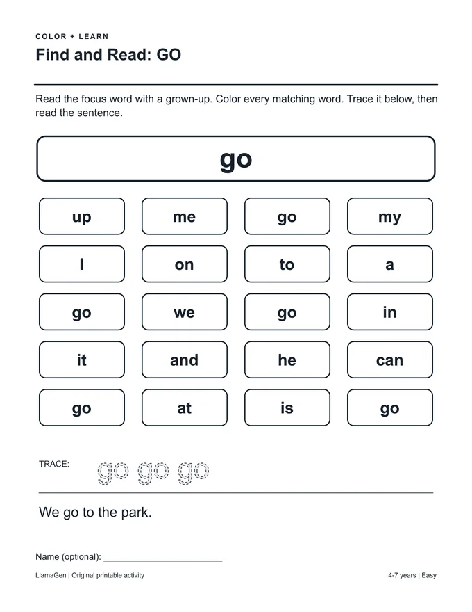Encontra e lê: GO — página para colorir a preto e branco para imprimir