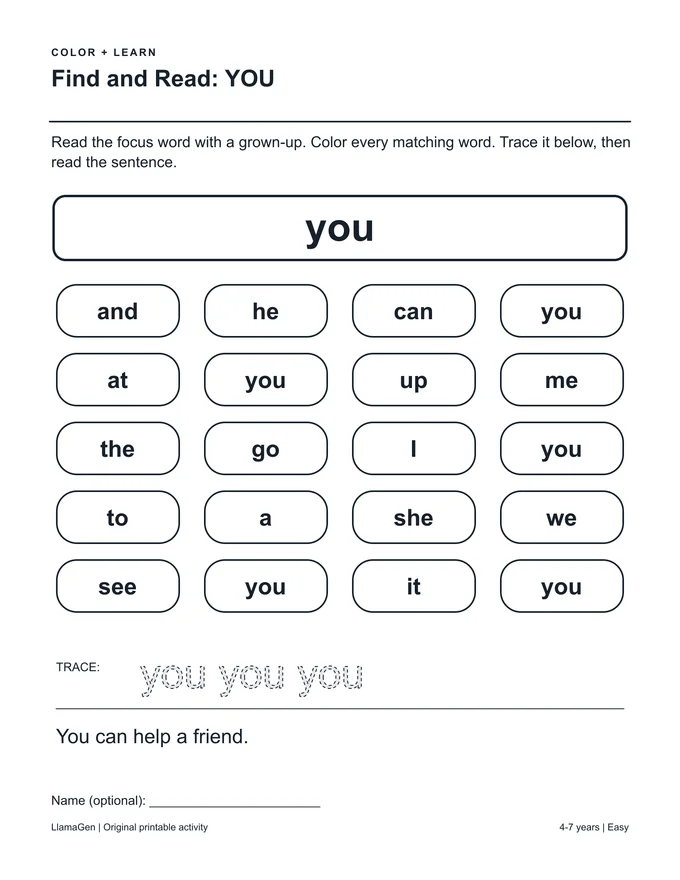 Encontra e lê: YOU — página para colorir a preto e branco para imprimir