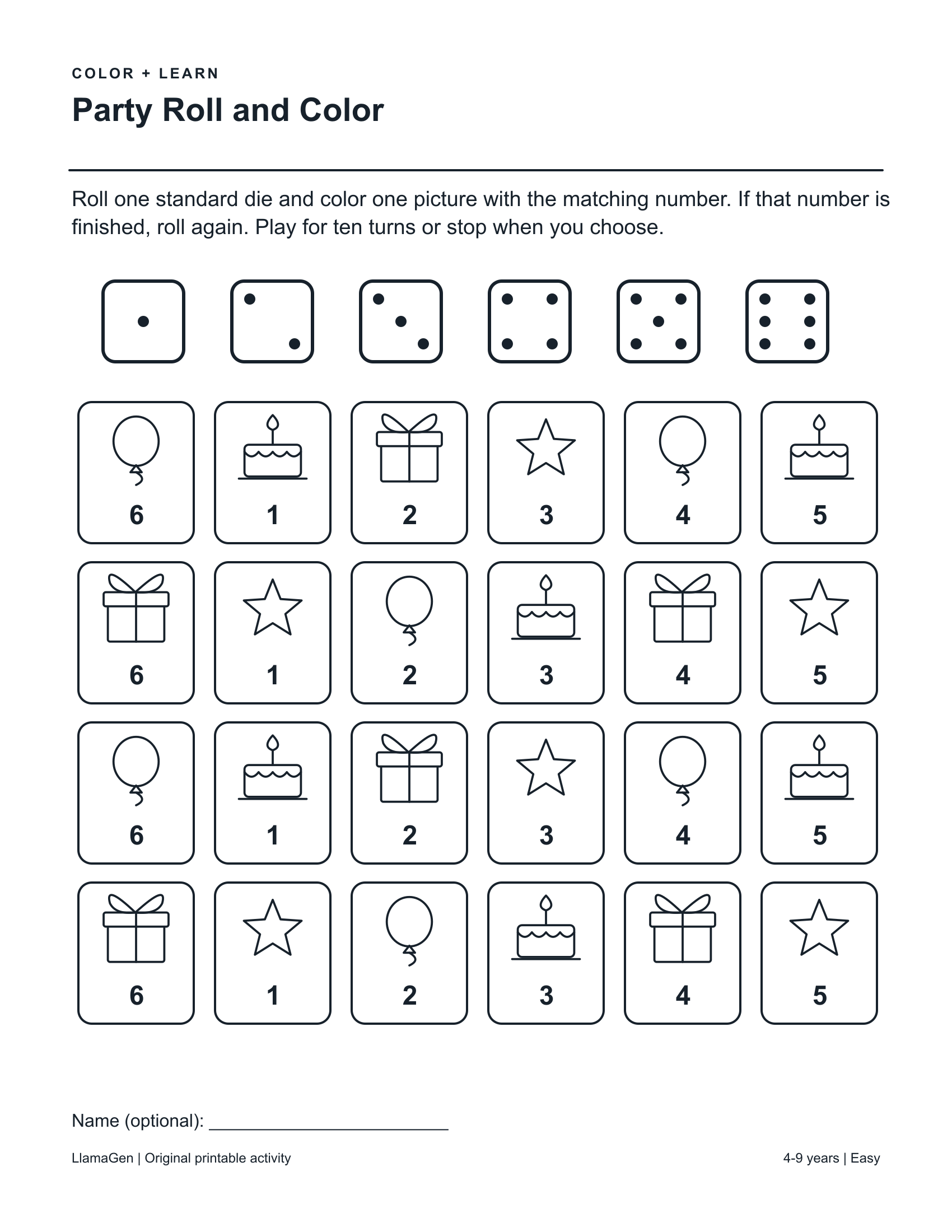 تاس بینداز و رنگ کن: جشن — صفحه رنگآمیزی سیاهوسفید قابل چاپ