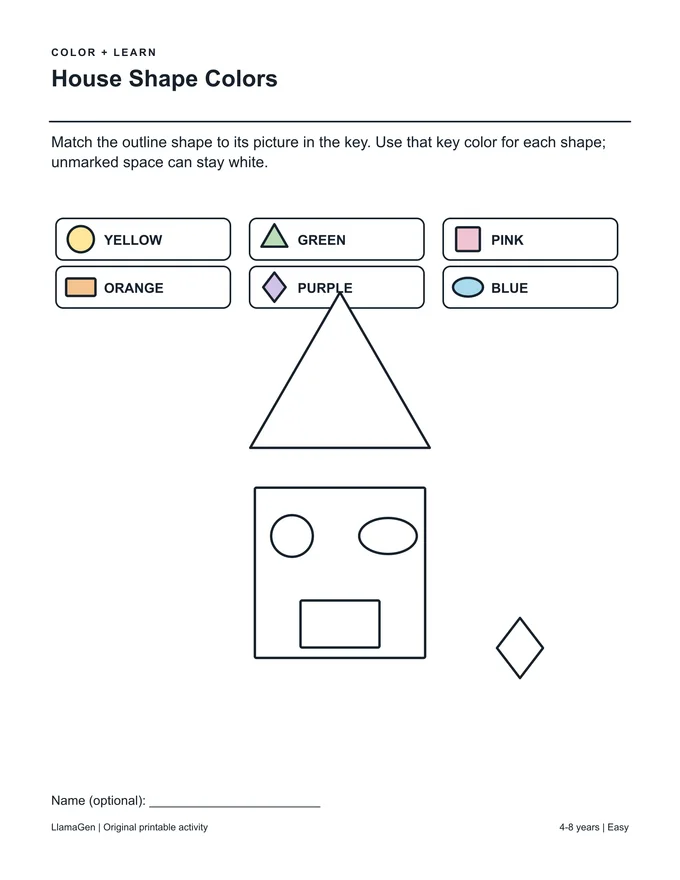 Couleurs des formes de maison — page à colorier imprimable en noir et blanc