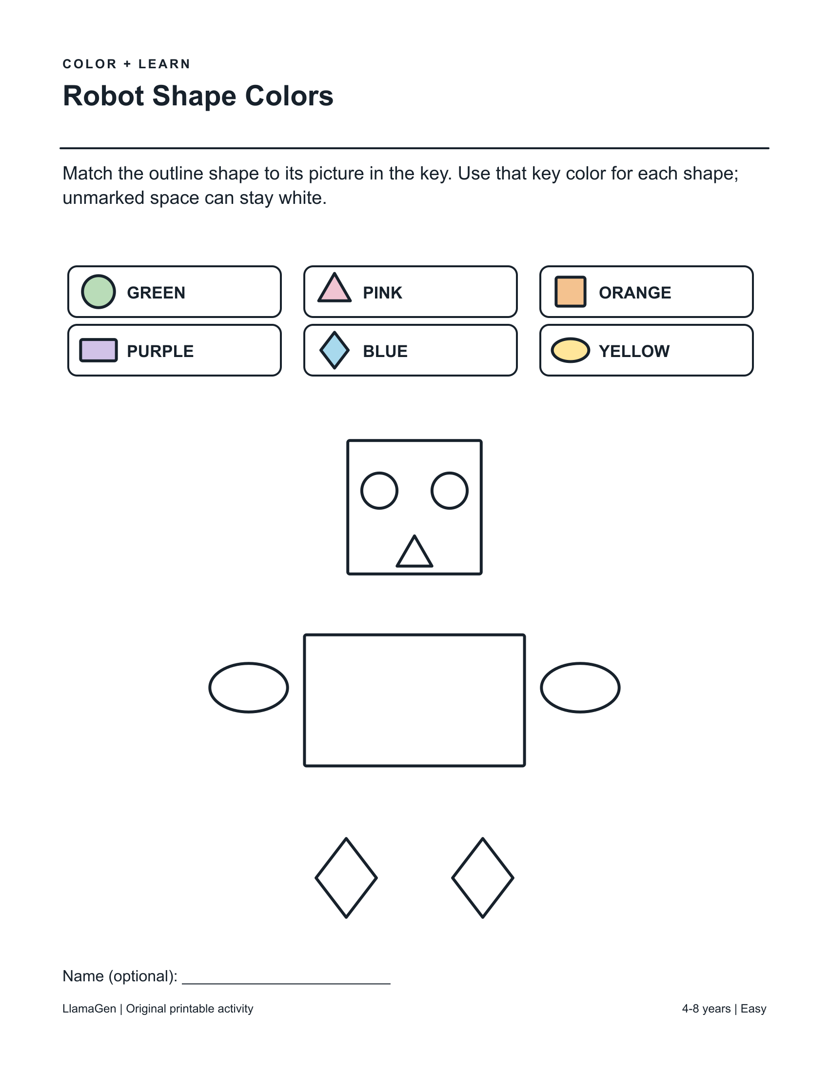 Colores de formas de robot — página para colorear en blanco y negro para imprimir