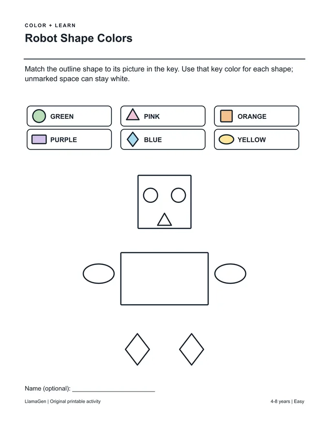Couleurs des formes de robot — page à colorier imprimable en noir et blanc