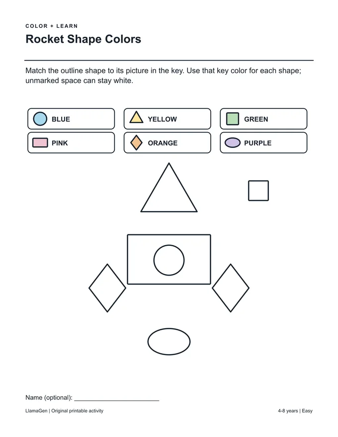 Couleurs des formes de fusée — page à colorier imprimable en noir et blanc