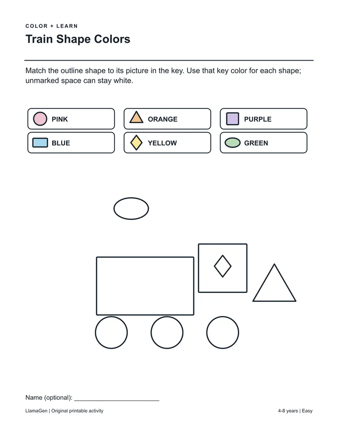 Couleurs des formes de train — page à colorier imprimable en noir et blanc