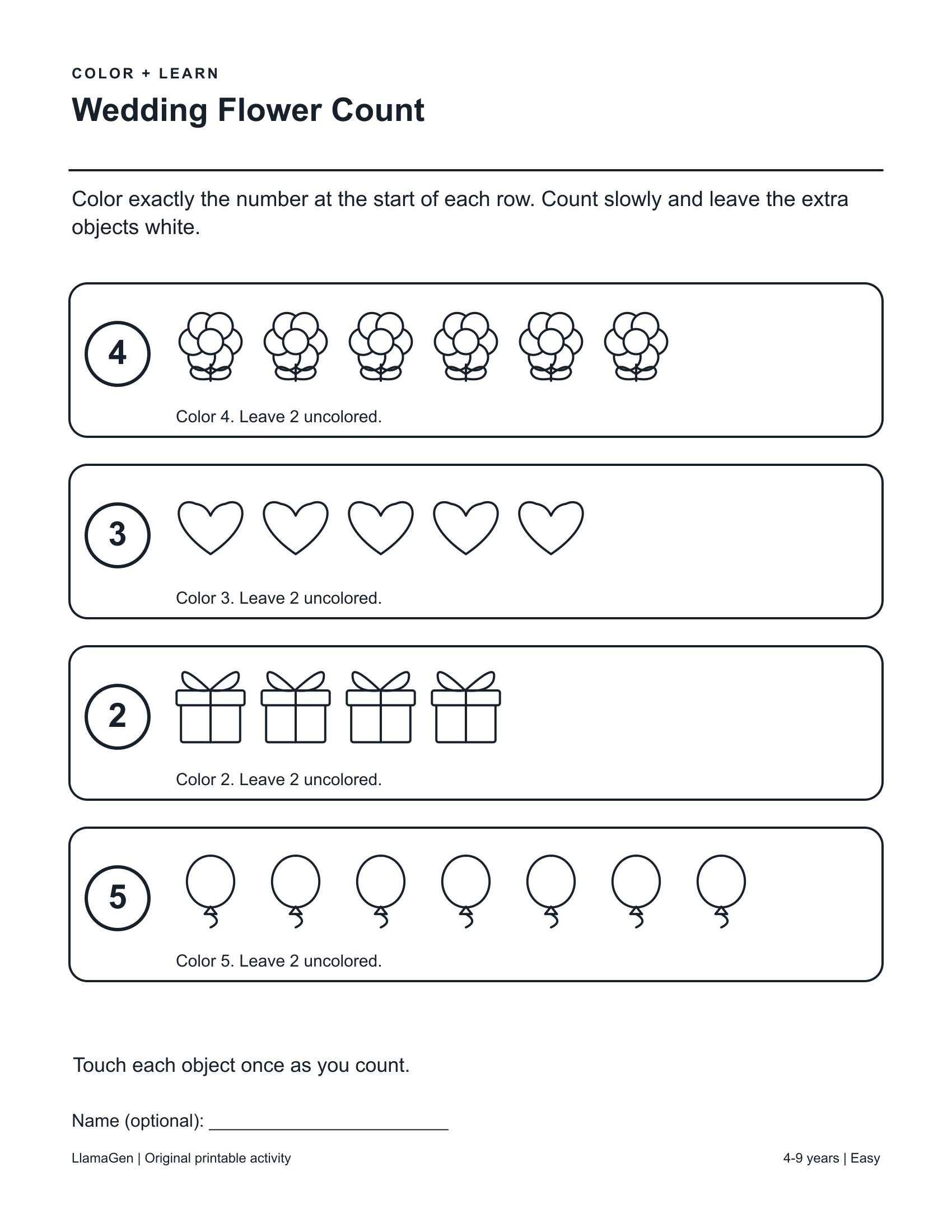 Compter les fleurs du mariage — page à colorier imprimable en noir et blanc
