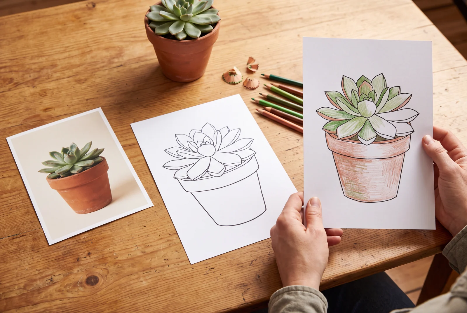 Magkakasama ang reference photo ng succulent, pinasimpleng outline, at colored print habang hawak ng adult ang tapos na pahina.
