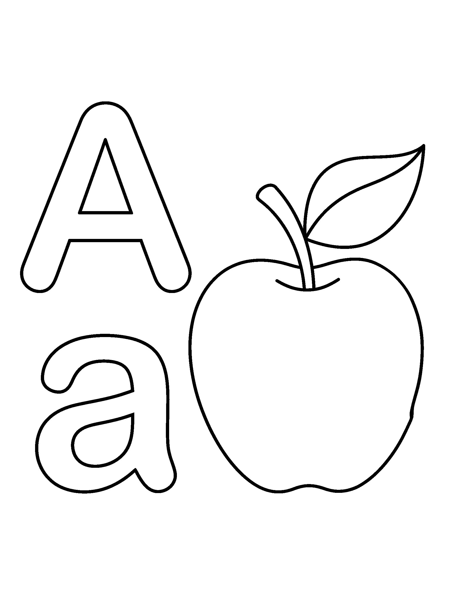 Letter A and Apple — full black-and-white printable coloring page