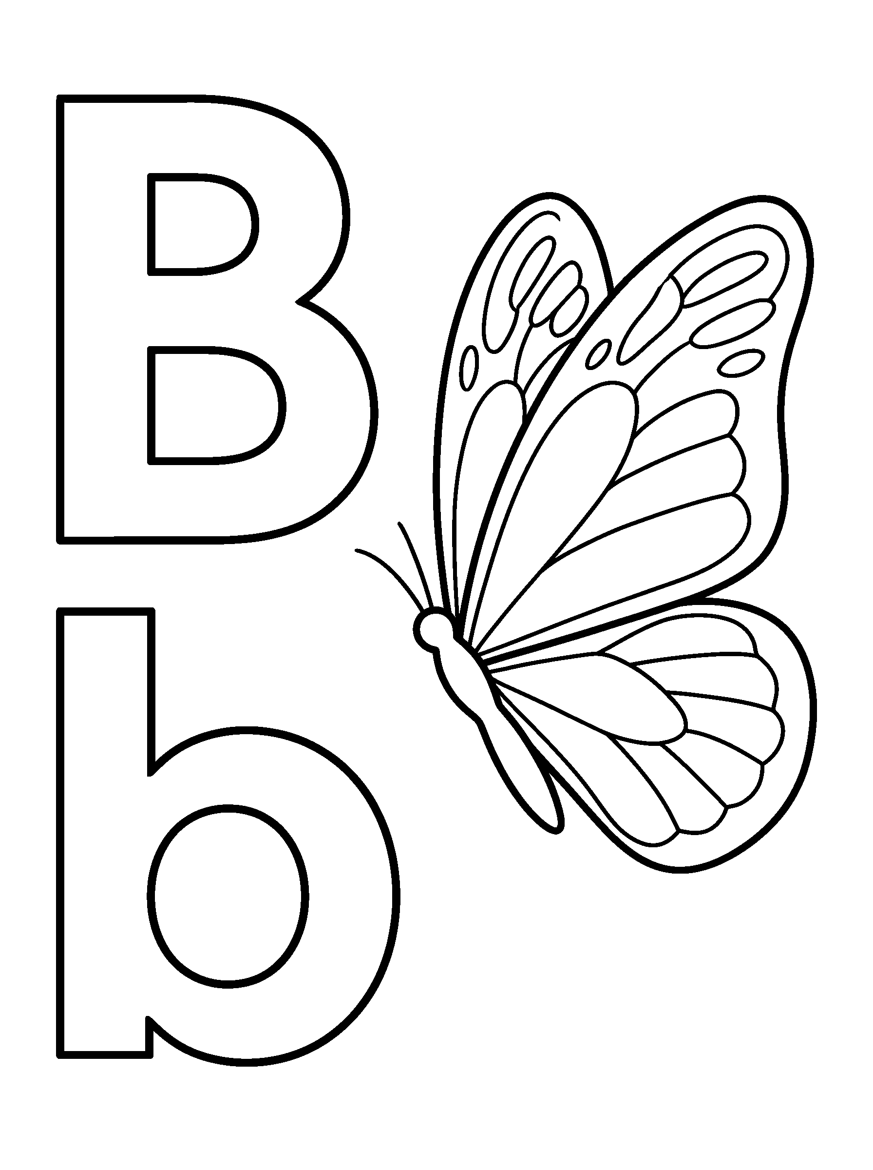 Letter B and Butterfly — full black-and-white printable coloring page