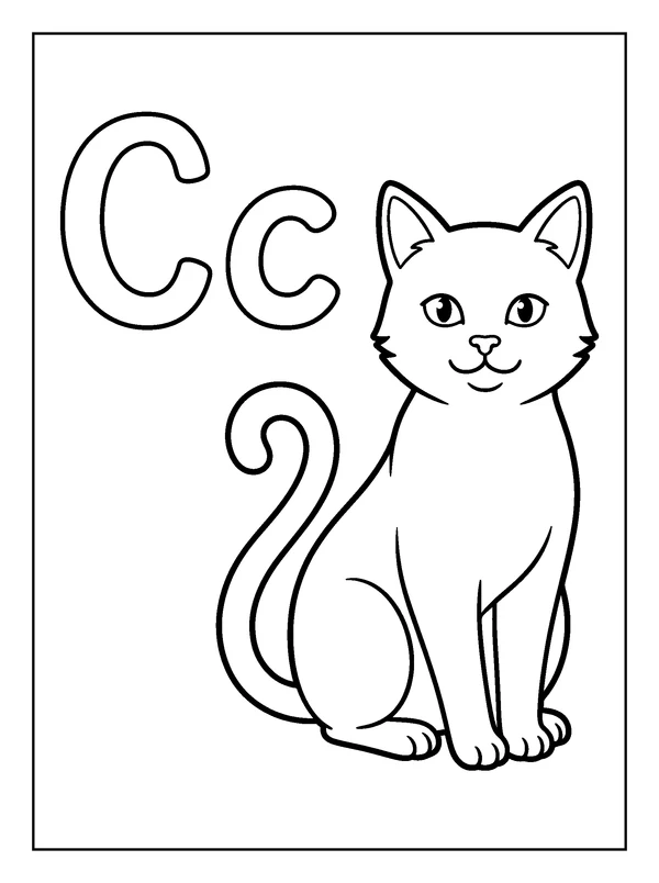 Letter C and Cat — printable black-and-white coloring sheet