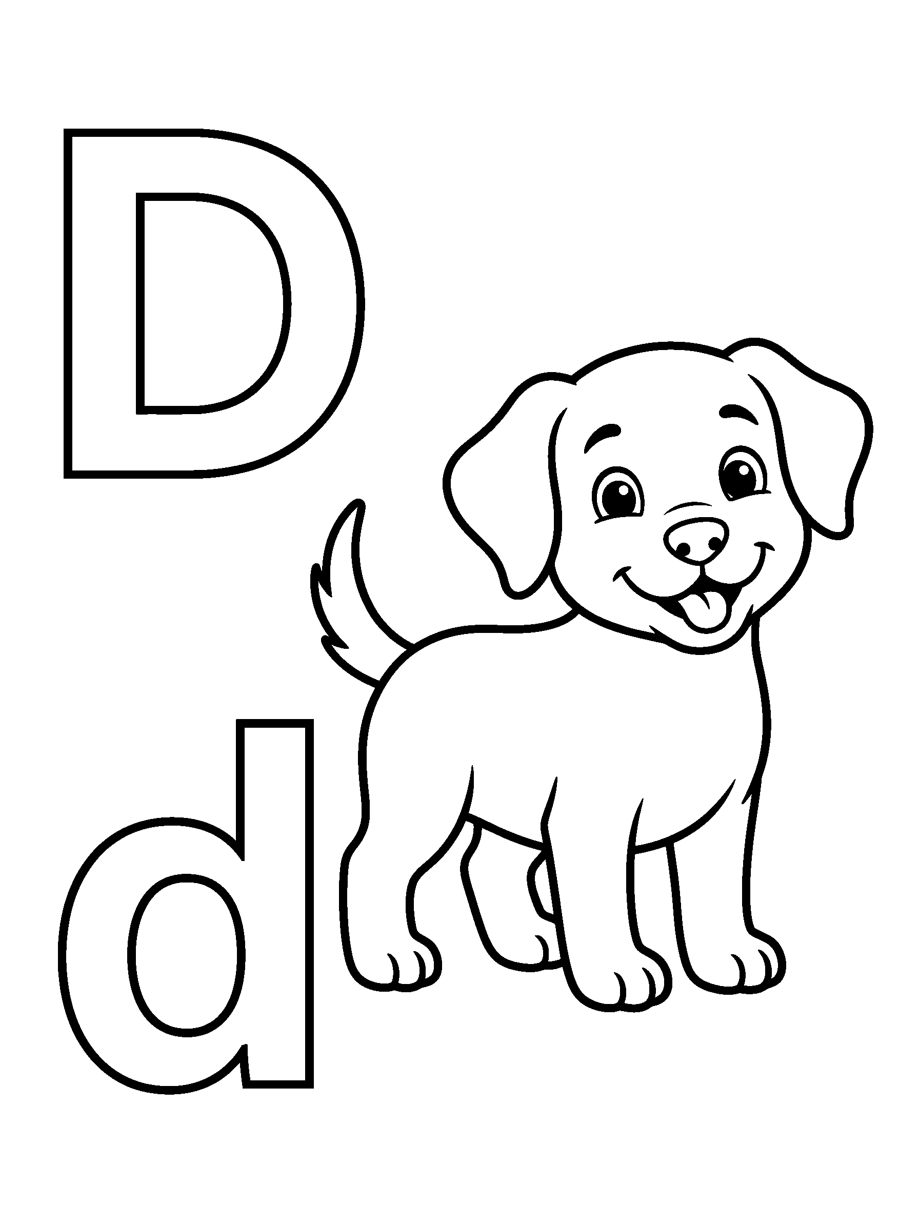 Letter D and Dog — full black-and-white printable coloring page