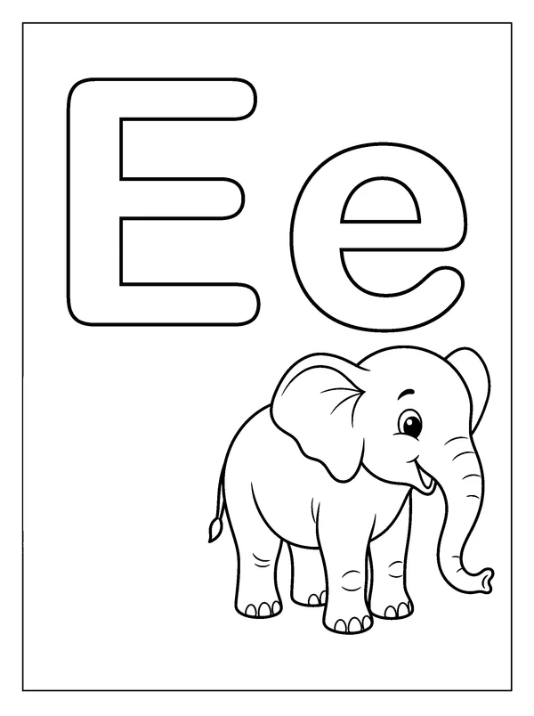 Letter E and Elephant — printable black-and-white coloring sheet