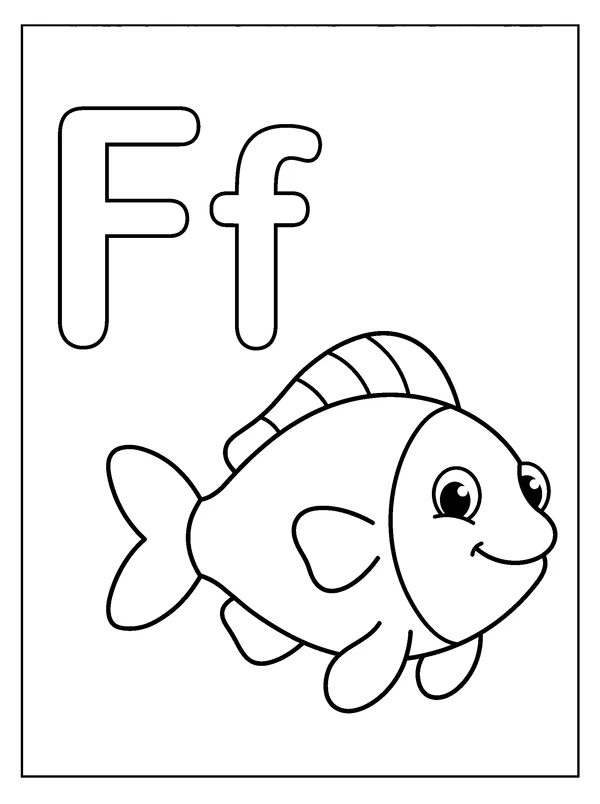 Letter F and Fish — printable black-and-white coloring sheet