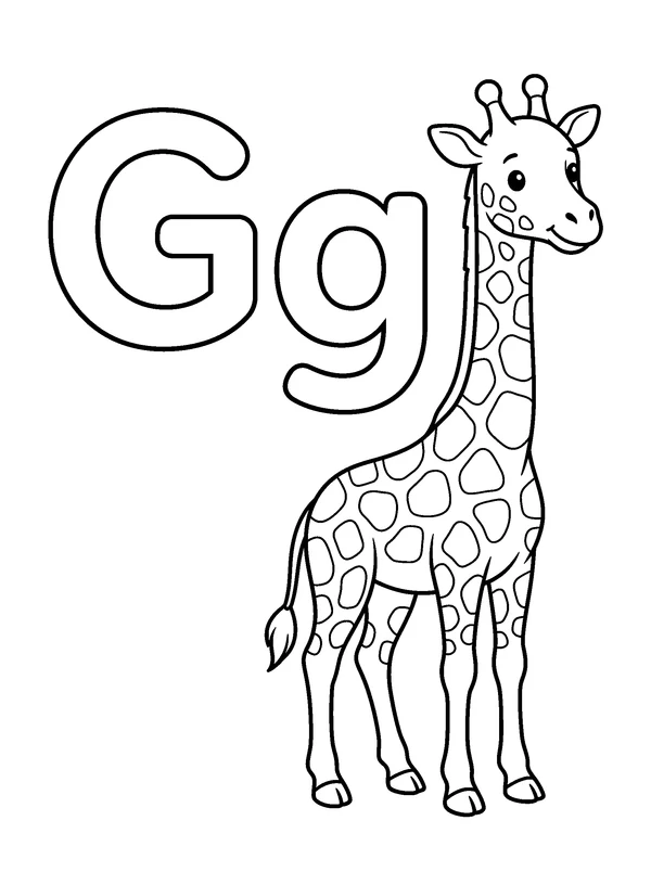 Letter G and Giraffe — printable black-and-white coloring sheet