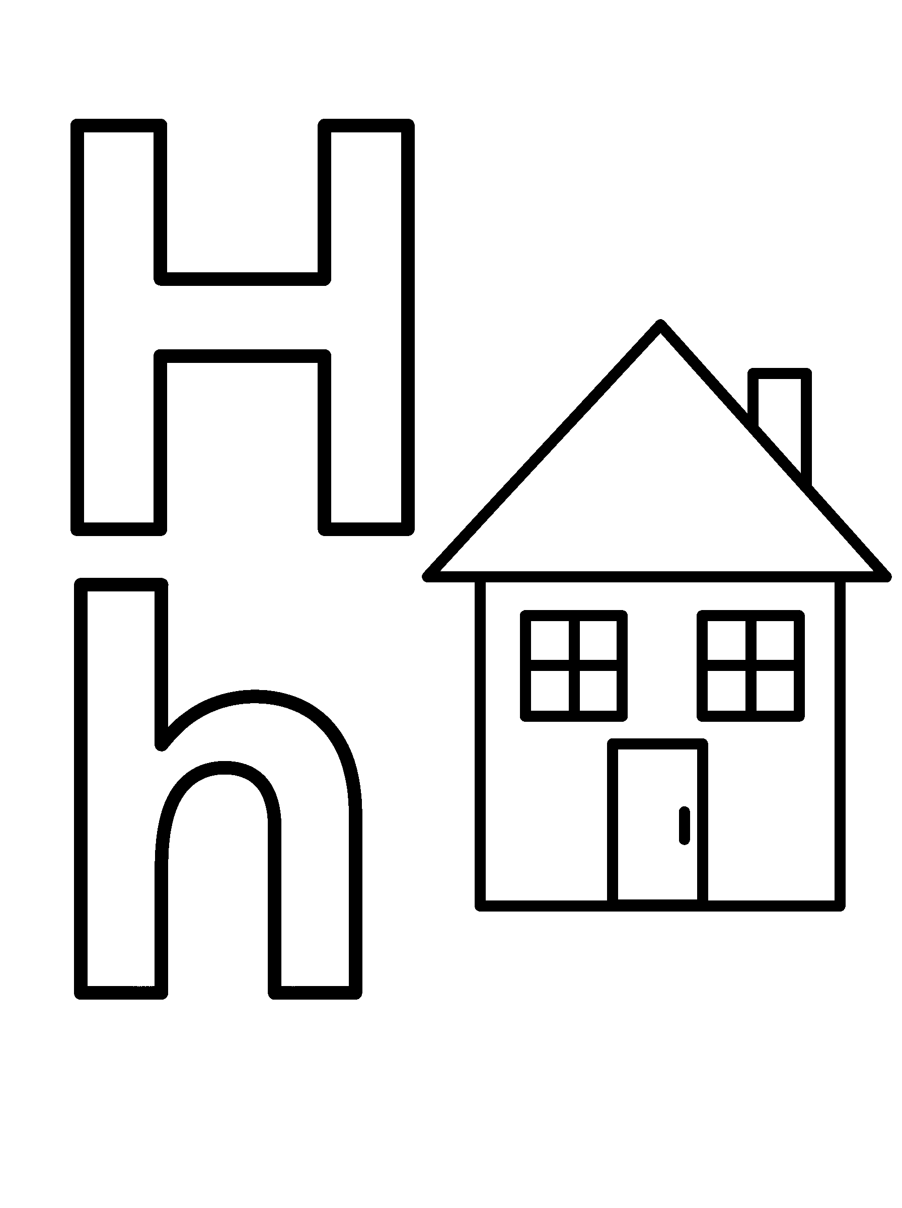 Letter H and House — full black-and-white printable coloring page