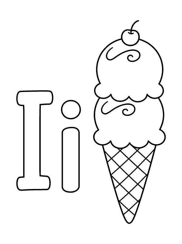 Letter I and Ice Cream — printable black-and-white coloring sheet