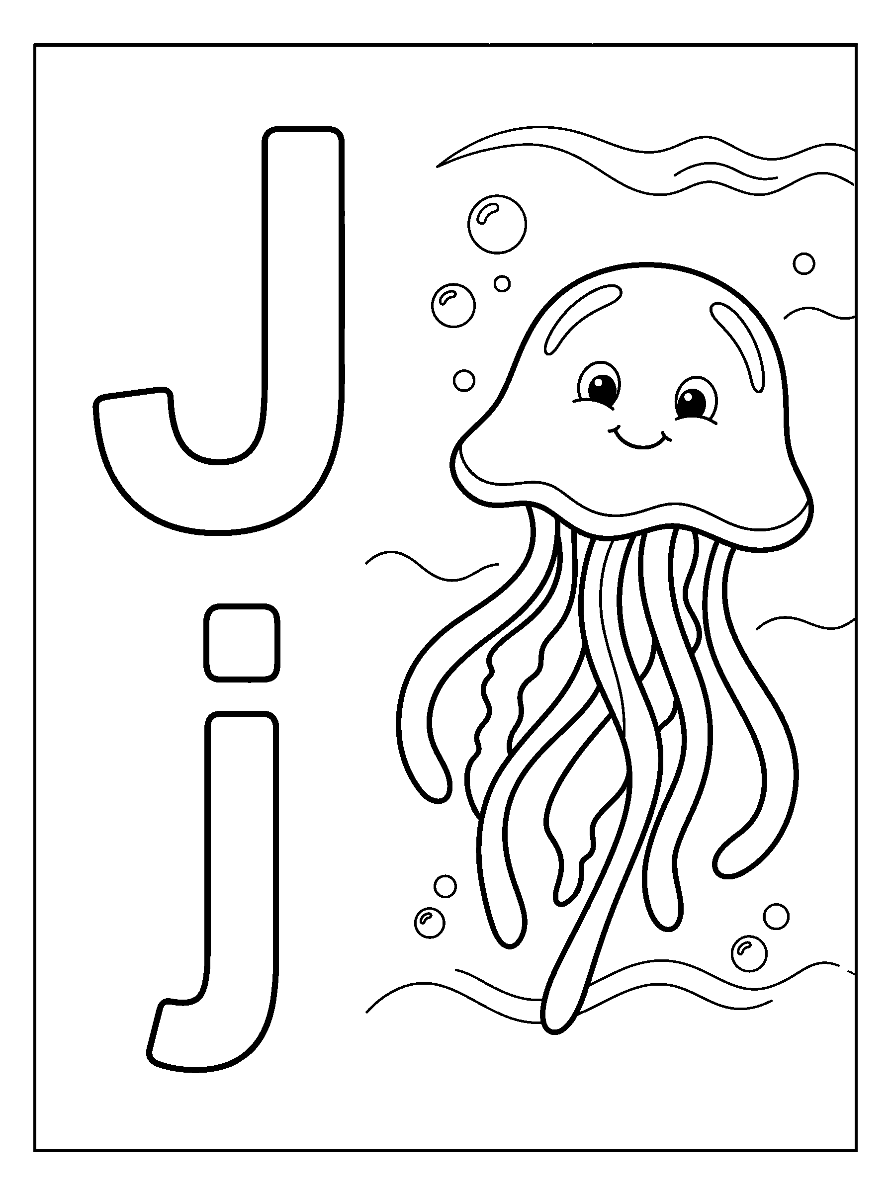 Lettre J et méduse — page à colorier imprimable en noir et blanc