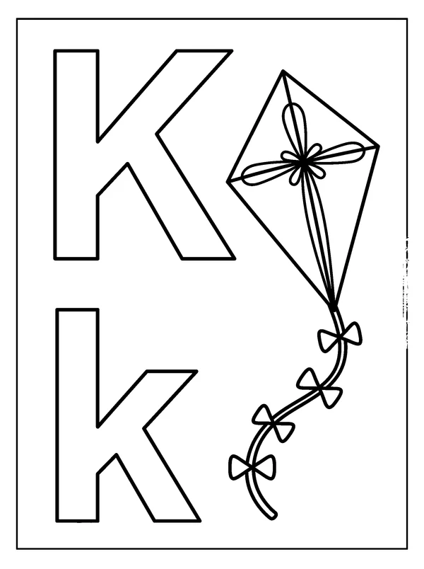 Letter K and Kite — printable black-and-white coloring sheet