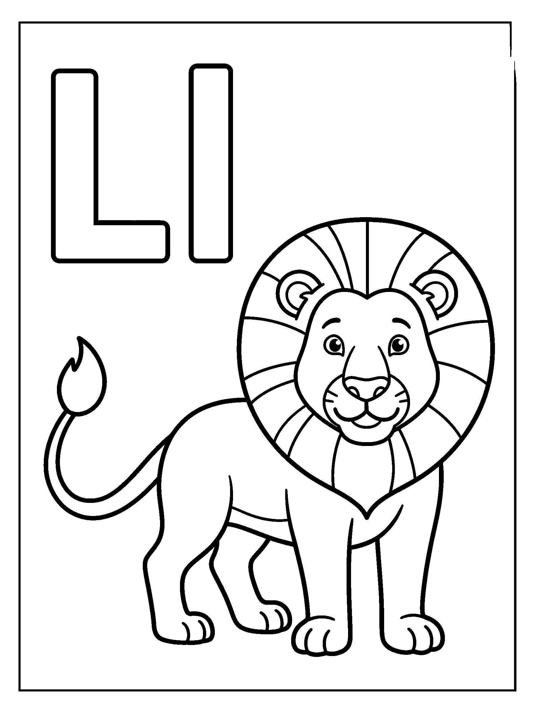 Letter L and Lion — full black-and-white printable coloring page