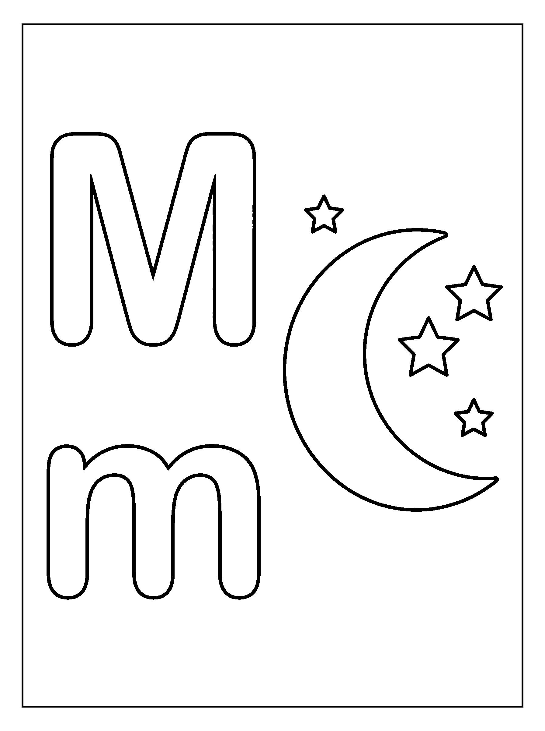 Letter M and Moon — full black-and-white printable coloring page