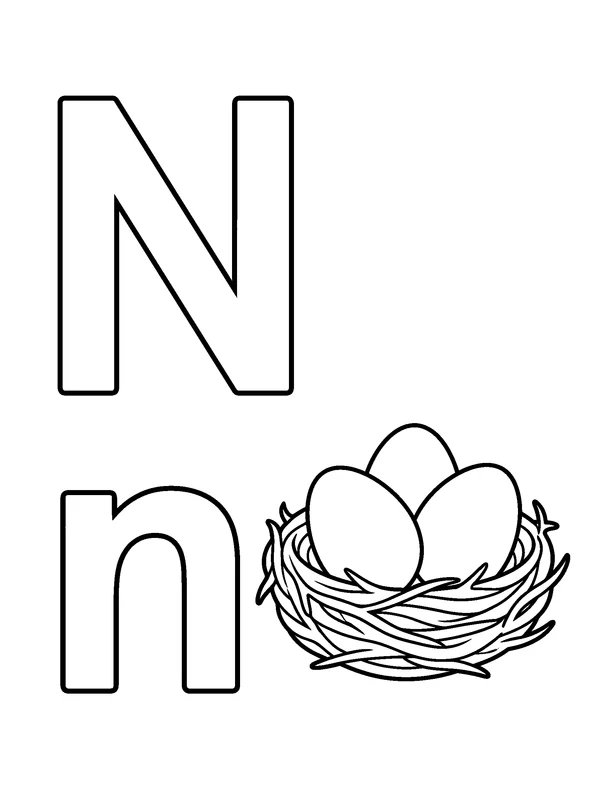 Letter N and Nest — printable black-and-white coloring sheet