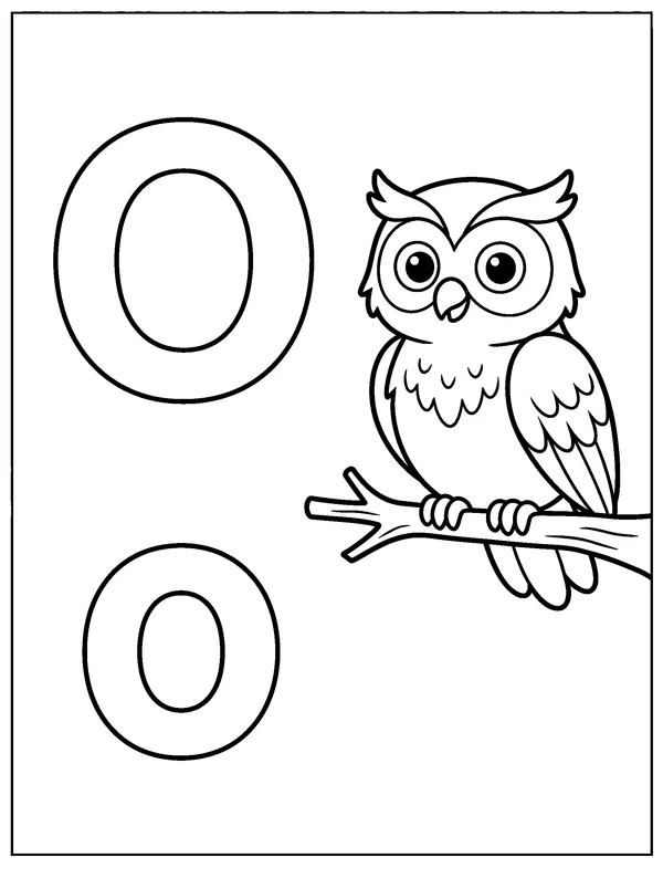 Letter O and Owl — printable black-and-white coloring sheet
