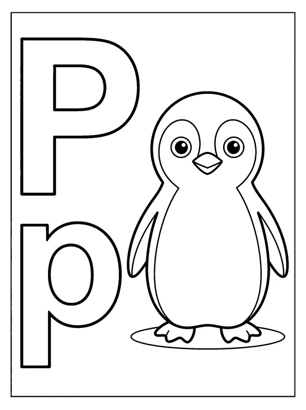 Letter P and Penguin — printable black-and-white coloring sheet