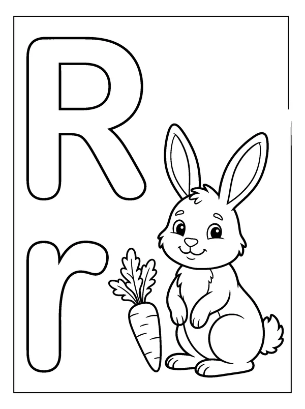 Letter R and Rabbit — printable black-and-white coloring sheet