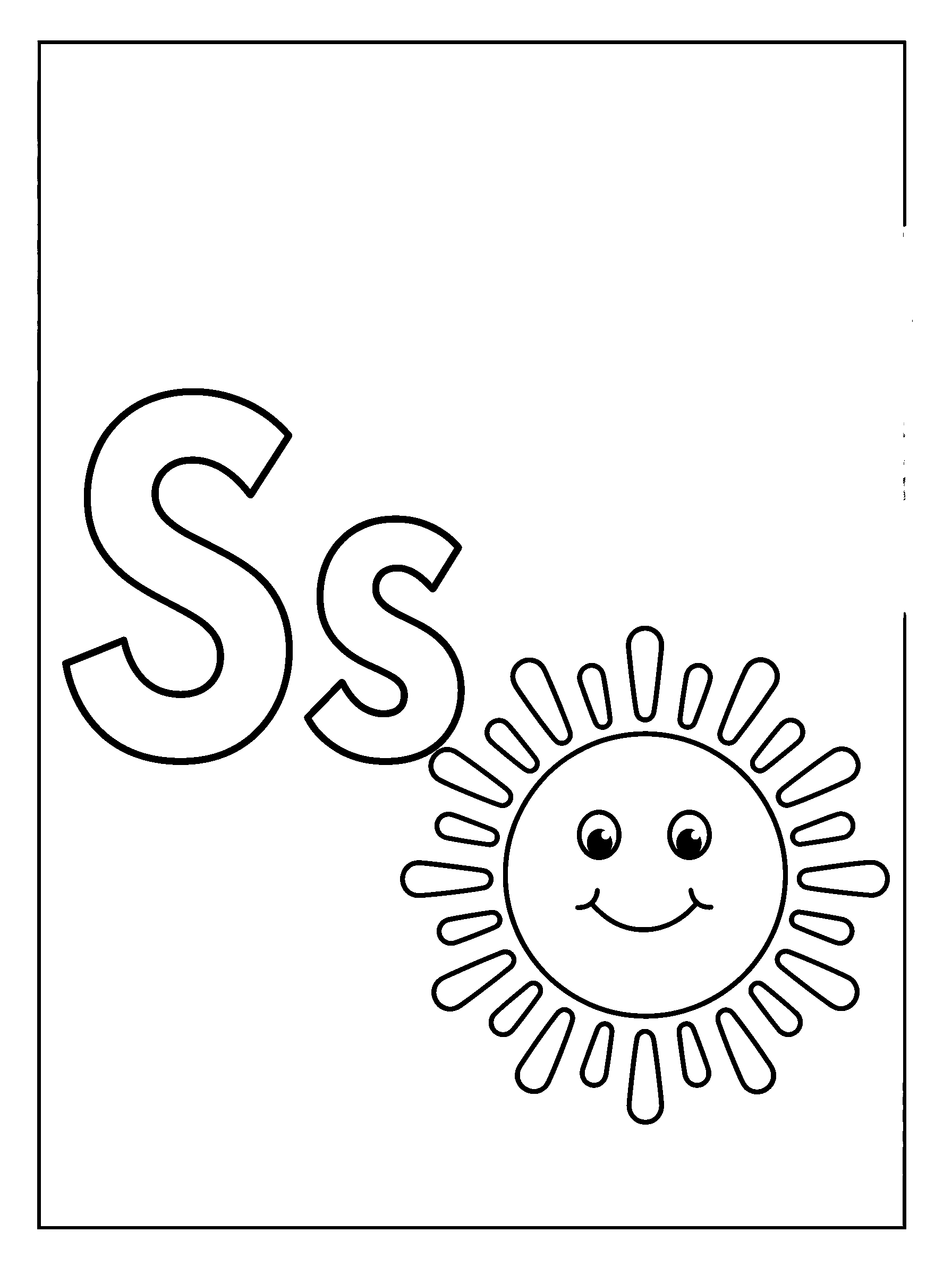 Letter S and Sun — full black-and-white printable coloring page