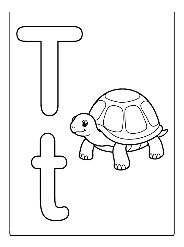 Letter T and Turtle — printable black-and-white coloring sheet