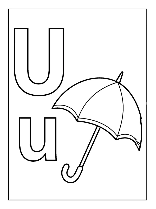 Letter U and Umbrella — printable black-and-white coloring sheet