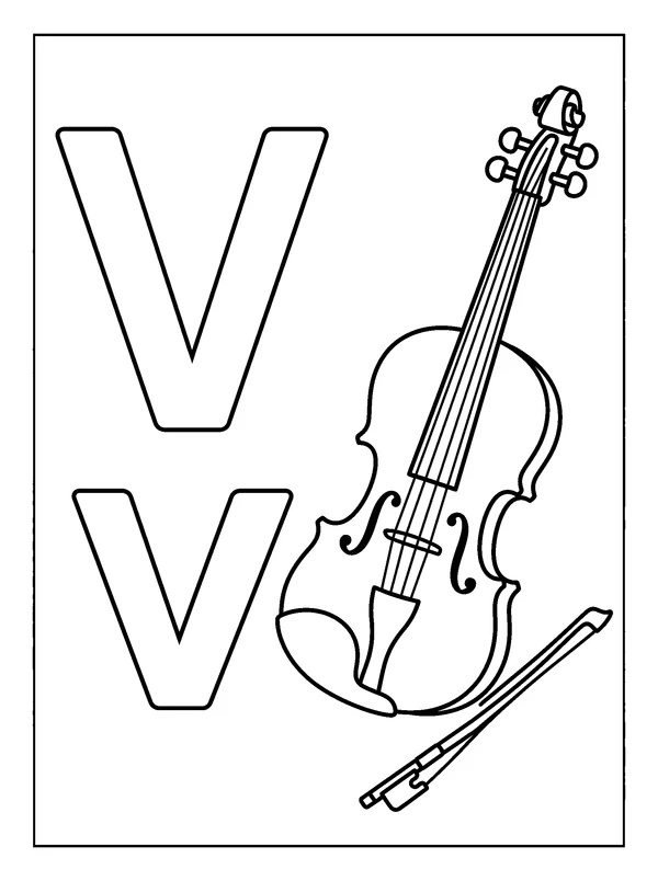 Letter V and Violin — printable black-and-white coloring sheet