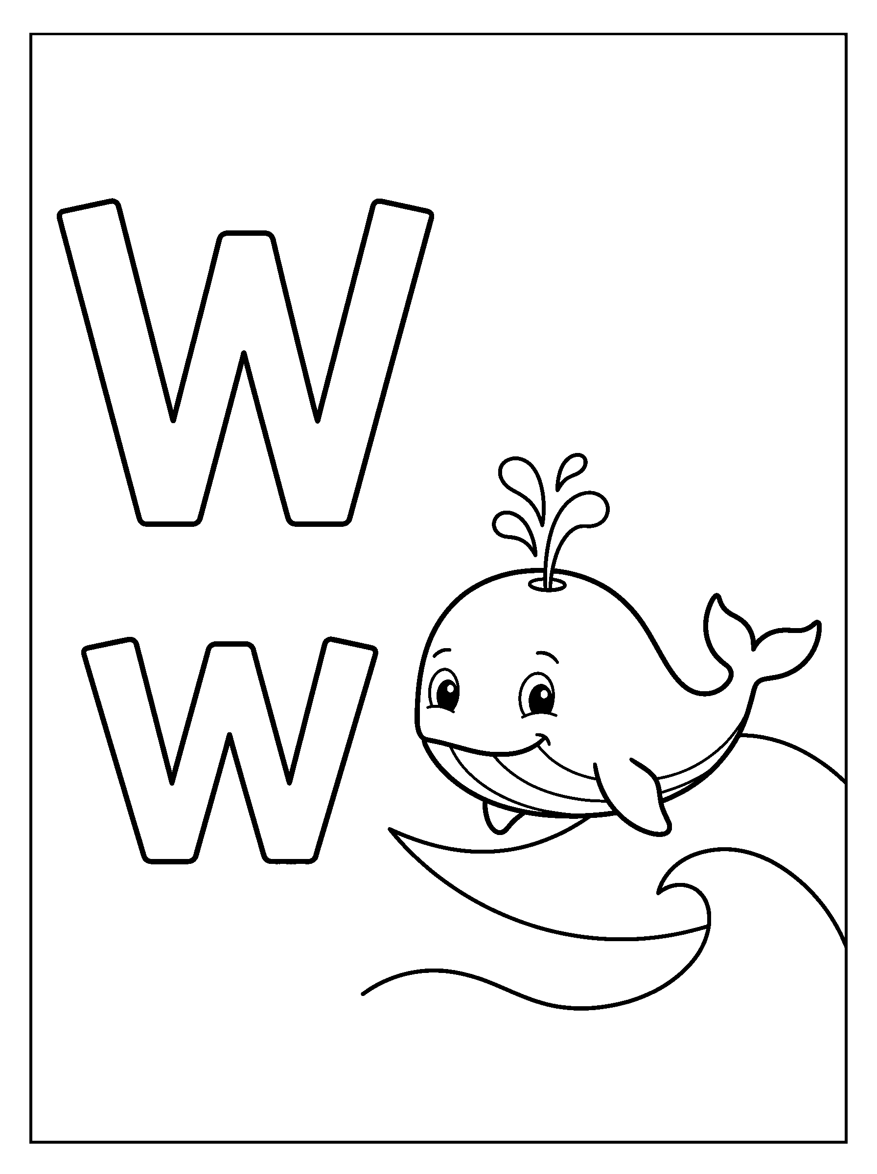 Letter W and Whale — full black-and-white printable coloring page