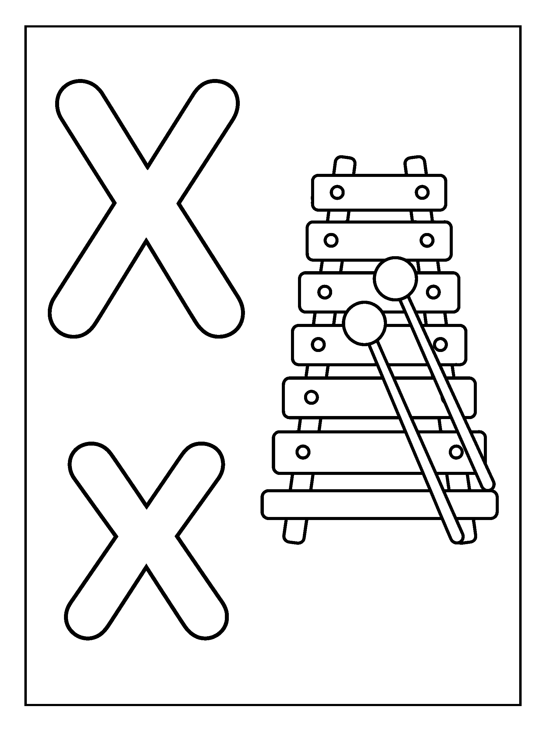 Letter X and Xylophone — full black-and-white printable coloring page