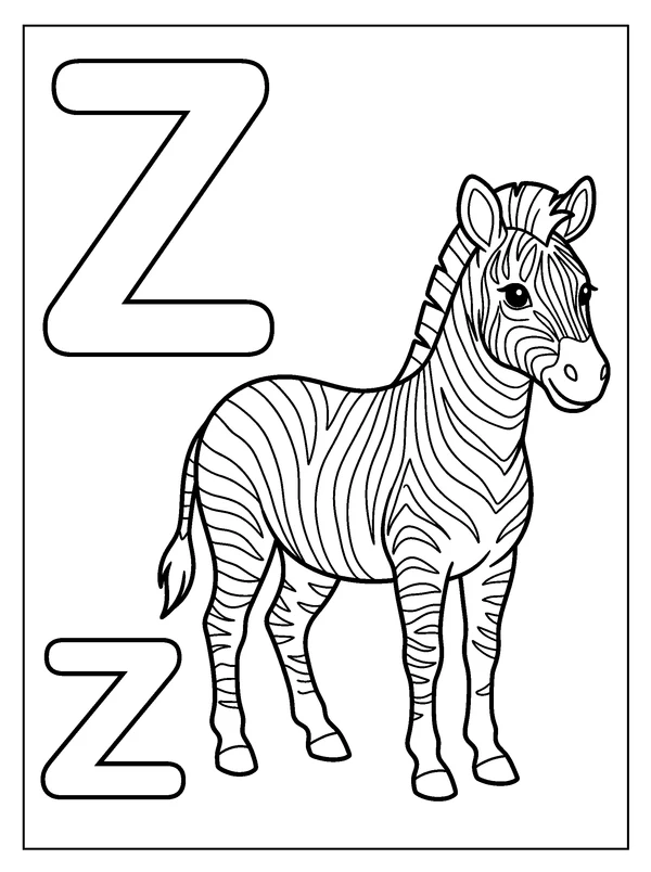 Letter Z and Zebra — printable black-and-white coloring sheet