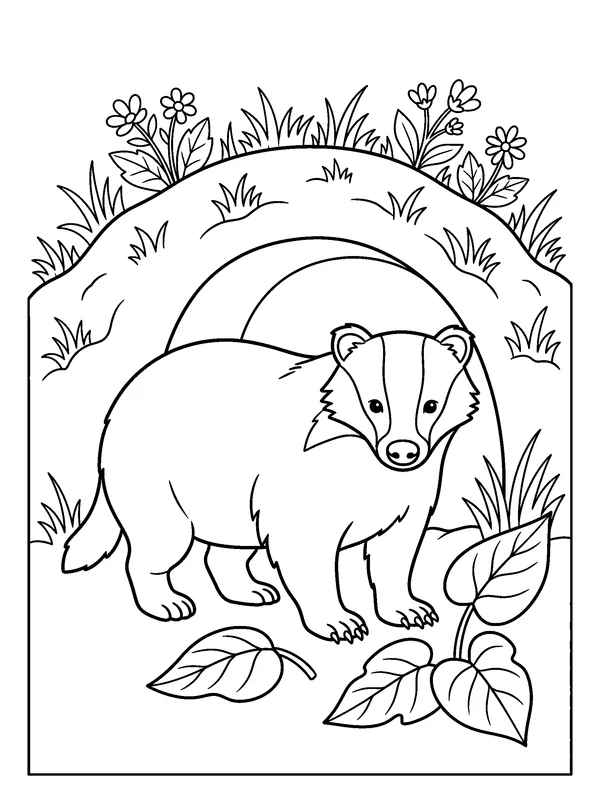 Badger at the Burrow — printable black-and-white coloring sheet