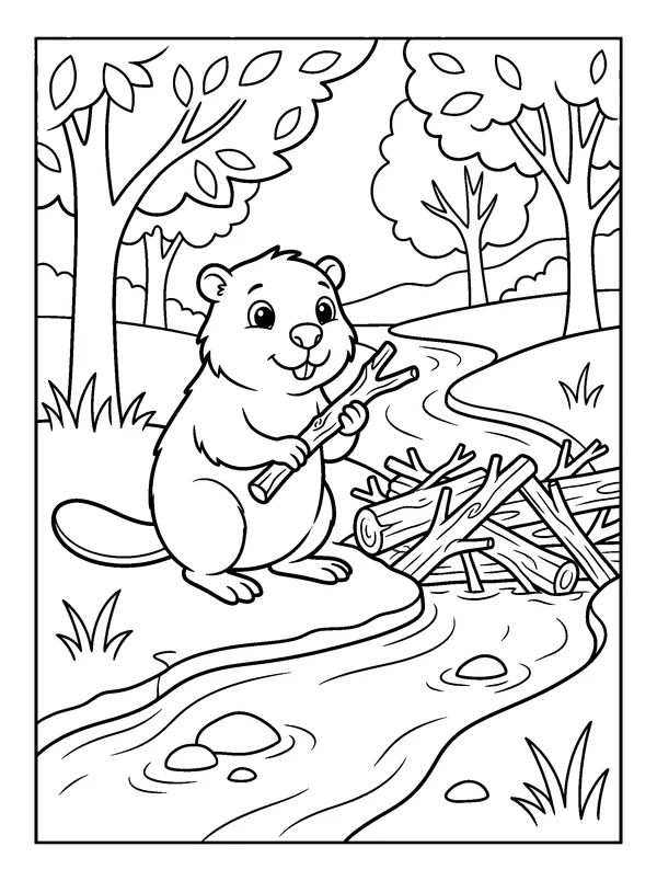 Beaver Building a Dam — printable black-and-white coloring sheet