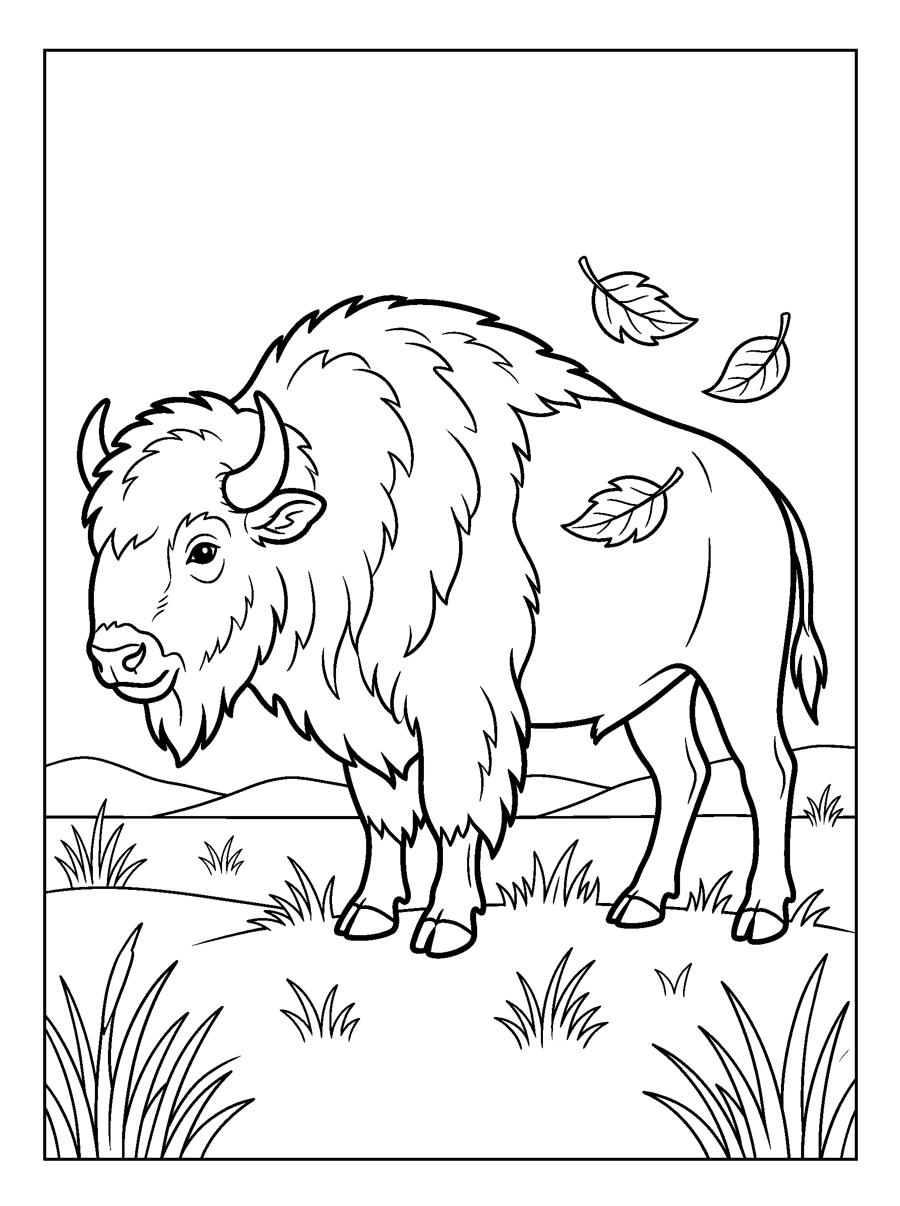 Bison on the Prairie — full black-and-white printable coloring page
