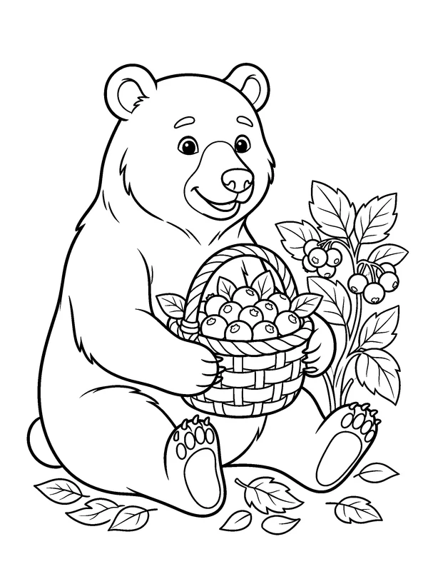 Bear and the Berry Basket — printable black-and-white coloring sheet