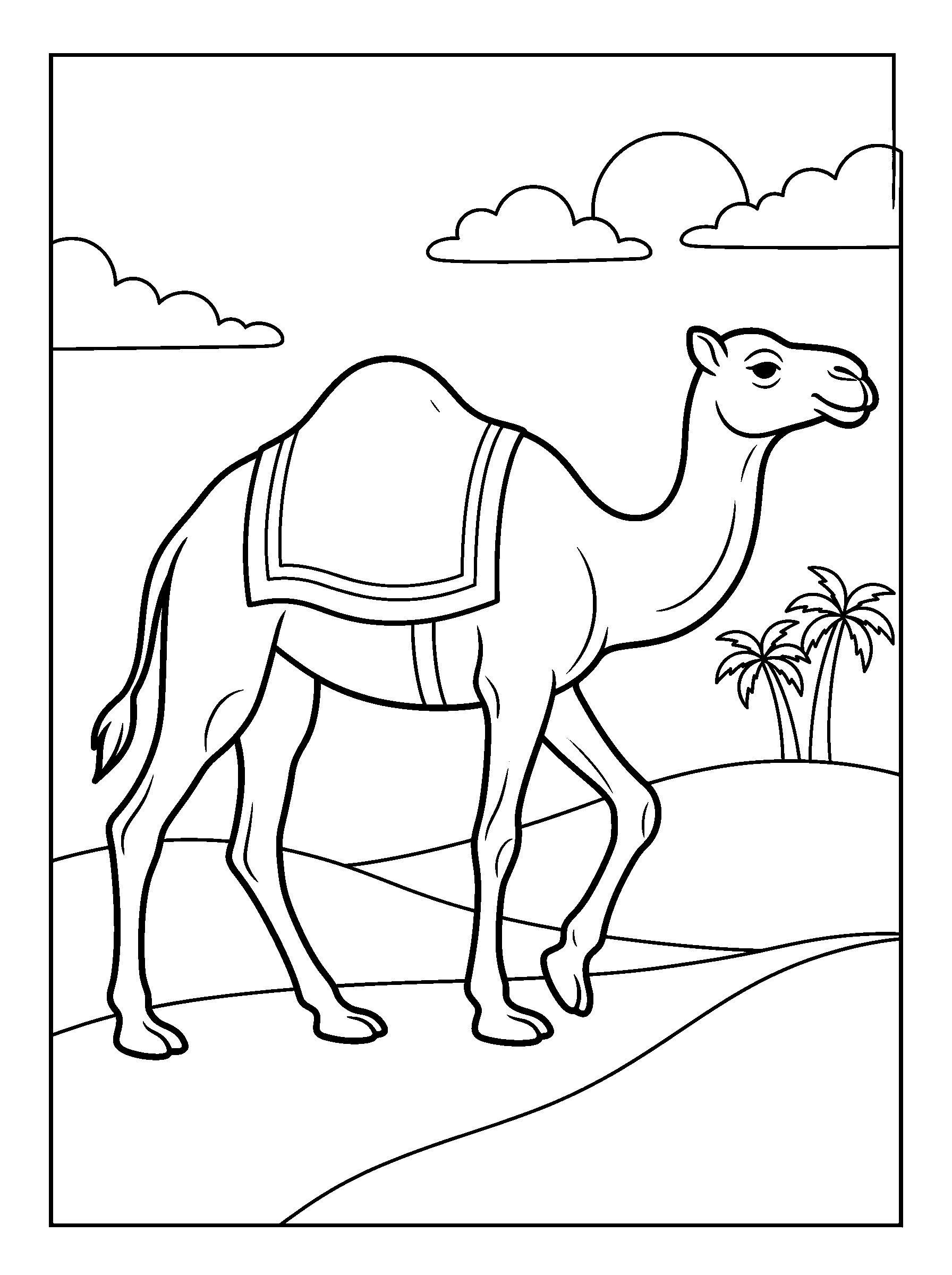 Camel on the Dunes — full black-and-white printable coloring page