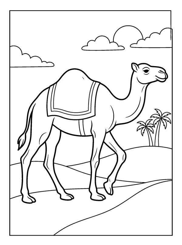 Camel on the Dunes — printable black-and-white coloring sheet