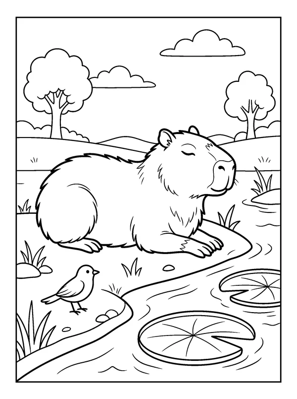 Capybara Pond Rest — printable black-and-white coloring sheet