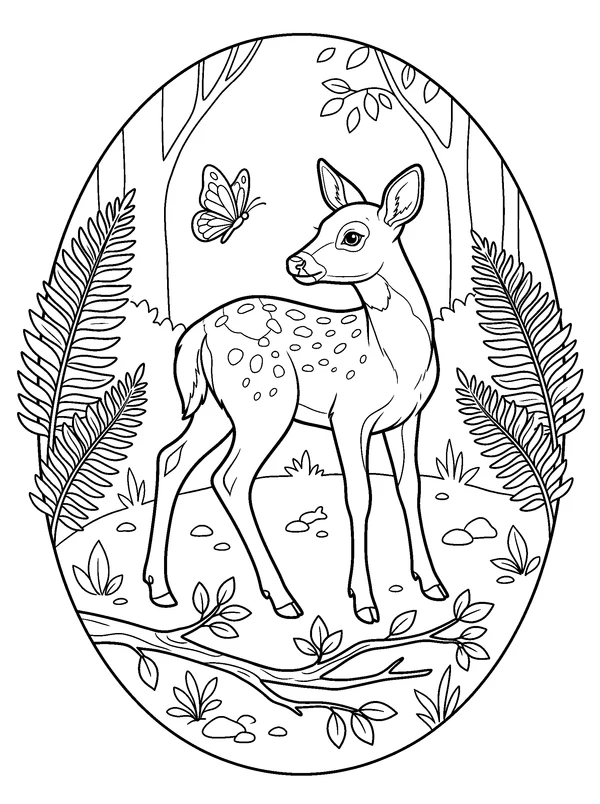 Deer in the Fern Clearing — printable black-and-white coloring sheet