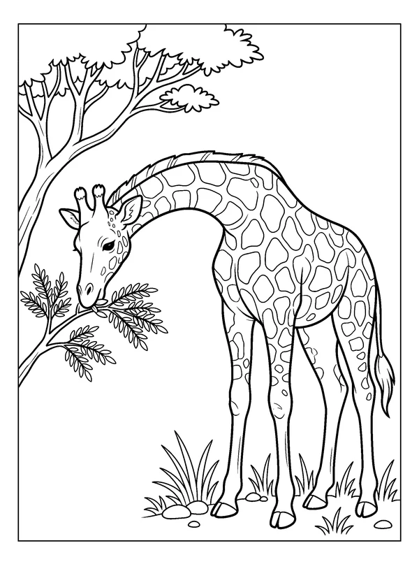 Giraffe Breakfast — printable black-and-white coloring sheet