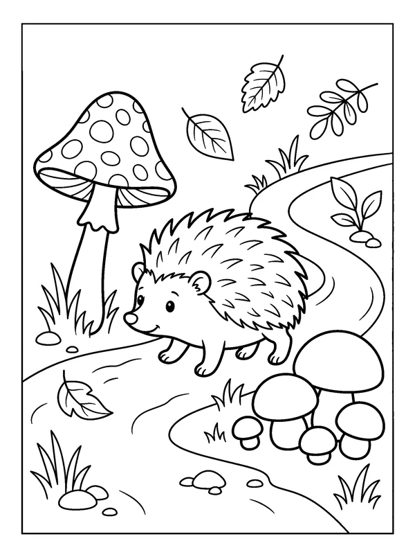 Hedgehog Mushroom Walk — printable black-and-white coloring sheet