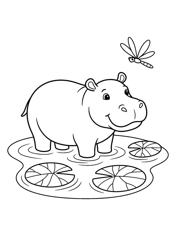 Hippo Lotus Pool — printable black-and-white coloring sheet